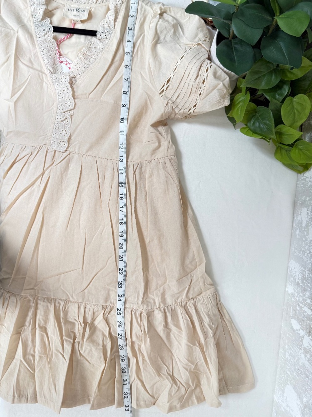 Umgee Cream Lace Trim Mini Dress Cotton Boho Neutral Babydoll NWT - Picture 9 of 10
